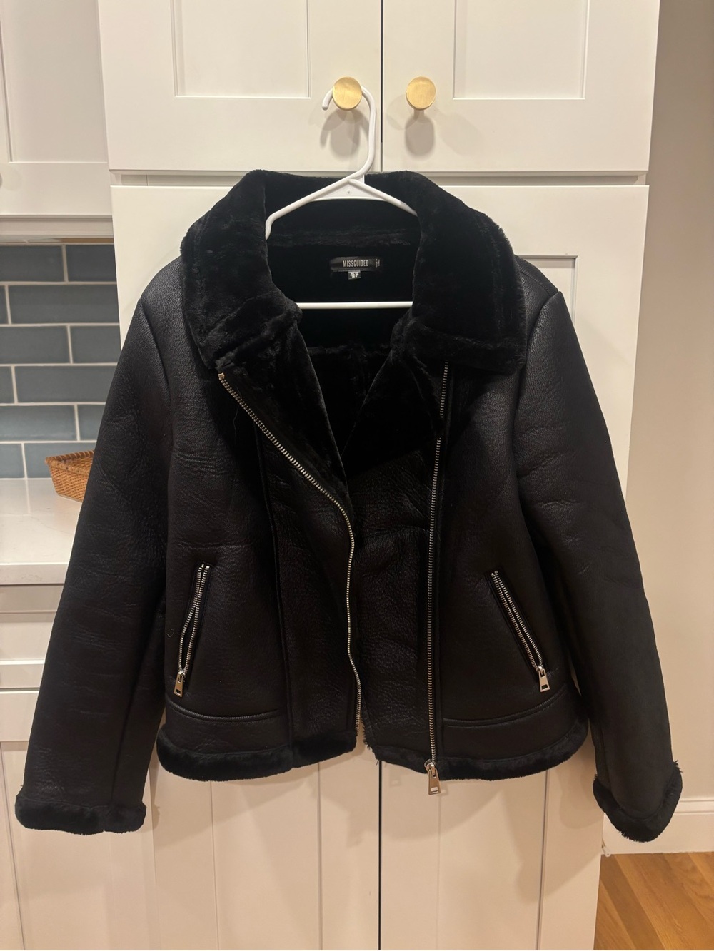Missguided Black Leather / Faux Fur Jacket